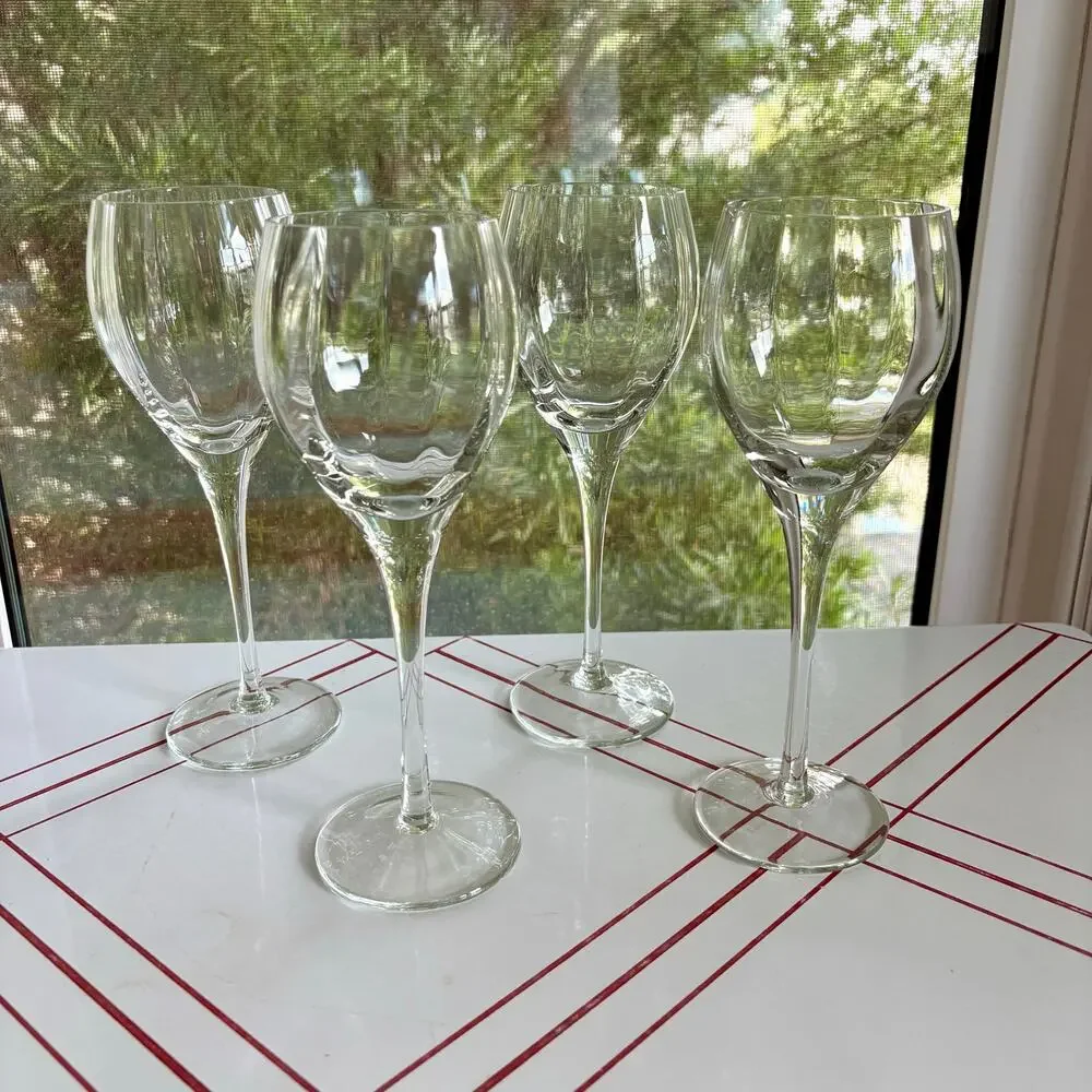 Vintage Blown Optic Wine Glasses Set of 4 Clear Faceted Stemware
